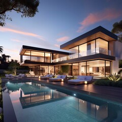 Obraz premium Impressive modern mansion with pool at dusk . Natural Landscape 