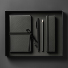 creative set featuring a black gift box, a sleek notebook, and a polished pen