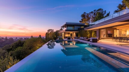Impressive modern mansion with pool at dusk . Natural Landscape
