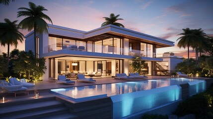 Fototapeta premium Impressive modern mansion with pool at dusk . Natural Landscape 