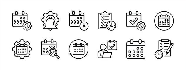 Management business schedule thin line icon set. Containing calendar, notification, planning, time reminder, checklist, date, agenda, deadline, diary event. Vector illustration