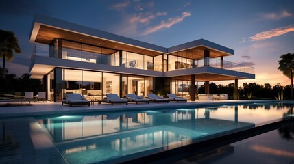 Fototapeta premium Impressive modern mansion with pool at dusk . Natural Landscape 