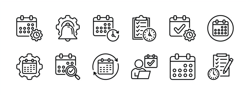Management business schedule thin line icon set. Containing calendar, notification, planning, time reminder, checklist, date, agenda, deadline, diary event. Vector illustration
