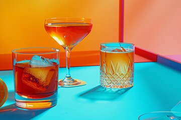 Fancy whiskey cocktails sitting on a colorful pastel bar top, with vibrant colors in 90s style.