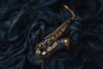 golden saxophone, intricately detailed with blue sapphires