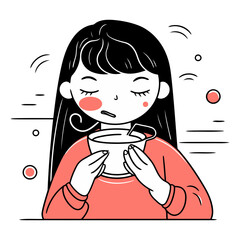 Illustration of a woman having a cup of tea. Vector.