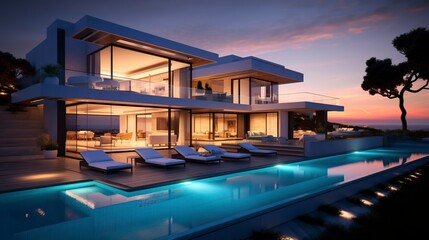 Fototapeta premium Impressive modern mansion with pool at dusk . Natural Landscape 
