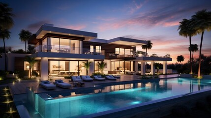 Impressive modern mansion with pool at dusk . Natural Landscape
 - obrazy, fototapety, plakaty
