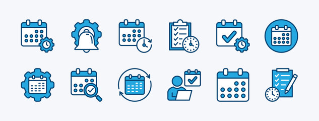 Set of management business schedule icon. Containing calendar, notification, planning, time reminder, checklist, date, agenda, deadline, diary event. Vector illustration