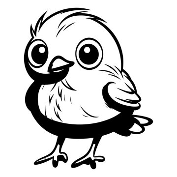 Cute Little Bird - Black and White Cartoon Illustration. Vector
