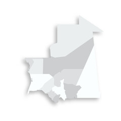 Mauritania political map of administrative divisions - regions and Nouakchott departments. Grey blank flat vector map with dropped shadow.