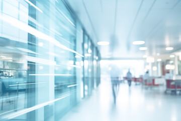 Bright modern hospital hall, medical background with doctors and nurses walking. Healthcare hospital clinic background.