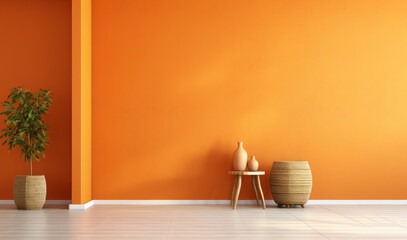 Fototapeta na wymiar empty living room with orange wall copy space on morning