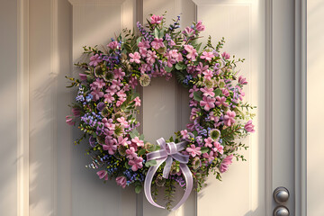 Easter wreath with pastel-colored ribbons and flowers, hanging on a front door with a soft beige background. Perfect for Easter home decor and welcoming guests.