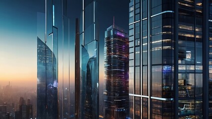 Urban Night Glow: A vibrant cityscape with skyscrapers illuminating the night sky, bustling with street lights and office buildings, capturing the essence of a lively metropolitan scene