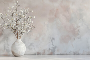 White acacia in a ceramic vase in front of a light gray wall with a soft pink tint. - obrazy, fototapety, plakaty