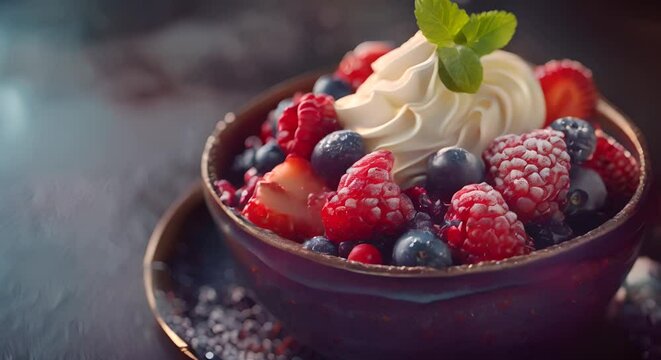 A bowl of mixed berry compote with a dollop of whipped cream