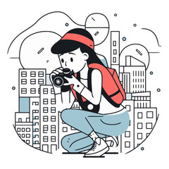 Vector illustration of a tourist with a camera in the city. Line art design