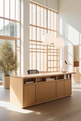 A light wooden reception desk, Japandi style, located in an open space office with large windows,...
