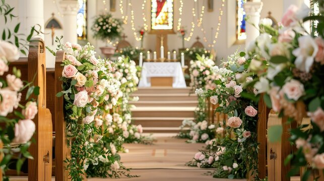A serene and beautifully arranged wedding setup within the confines of a church.