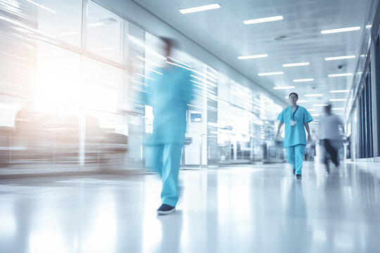 Doctors and nurses walk down bright modern hospital hall, medical background. Healthcare hospital clinic background.