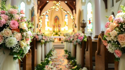 Fototapeta na wymiar A serene and beautifully arranged wedding setup within the confines of a church.