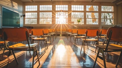 Vibrant classroom setting: well-lit schoolroom with rows of forward-facing chairs