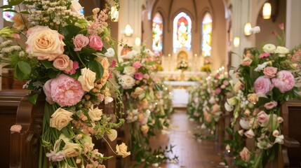 A serene and beautifully arranged wedding setup within the confines of a church.