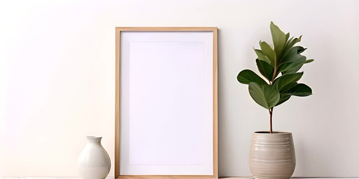 A wooden frame on a white wall with a plant in the pot on the side 4K Video