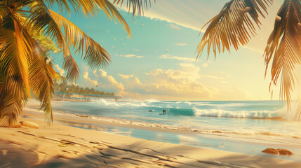 sunny beach  realism palm trees surfing  beautiful sunset  umbrellas  ocean wallpaper banner copy space