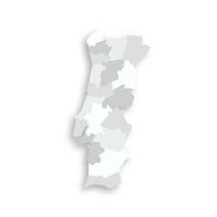 Portugal political map of administrative divisions - districts. Grey blank flat vector map with dropped shadow.