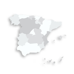 Spain political map of administrative divisions - autonomous communities and autonomous cities of Ceuta and Melilla. Grey blank flat vector map with dropped shadow.