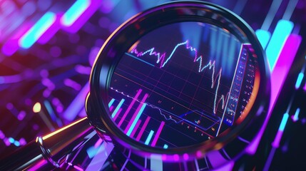 Data analysis, search engine optimization or SEO. magnifier, charts, graphs. ultraviolet and neon screen