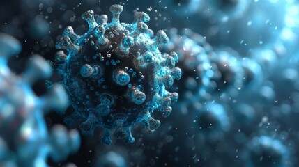 Conceptual digital art of a virus particle in cool blue tones, symbolizing outbreak and research themes, suited for public health campaigns.