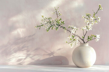 White acacia in a ceramic vase in front of a light gray wall with a soft pink tint.