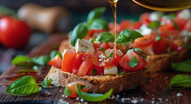 A fresh bruschetta with tomato, basil, and mozzarella, with olive oil drizzling