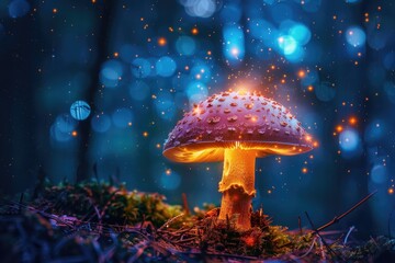 Solitary glowing mushroom with galaxy reflections on its cap close-up - obrazy, fototapety, plakaty