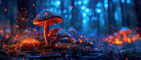 Poisonous mushrooms casting galaxy-like glow on forest floor night - obrazy, fototapety, plakaty
