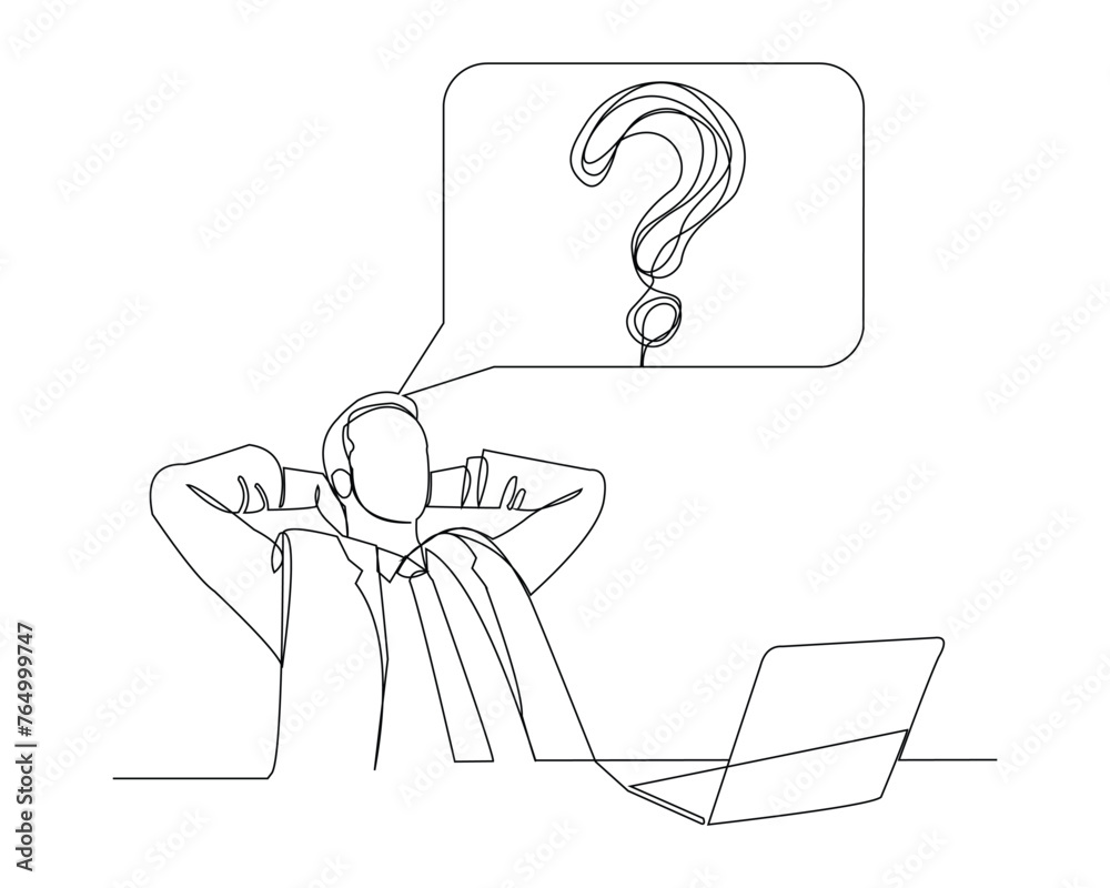 Wall mural Continuous single line sketch drawing of thinking man with questions mark speech bubble. One line art of business man thinking idea. Vector illustration	