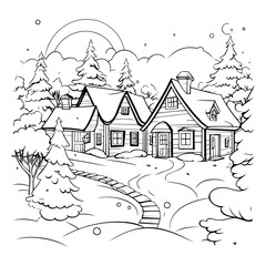 Winter landscape with house. Coloring book for adults.