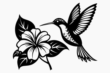 hummingbird and hibiscus, vector, simple, black and white