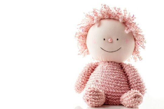 stuffed soft sitting funny pig-tailed red-headed doll isolated over white background