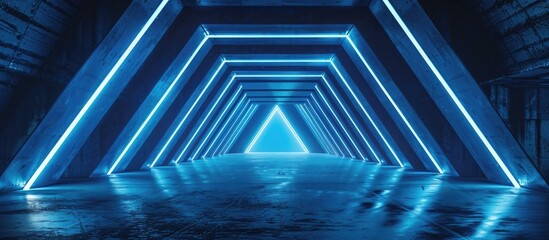 Traveling inside a tunnel filled with glowing blue lights, creating a unique and futuristic atmosphere - obrazy, fototapety, plakaty