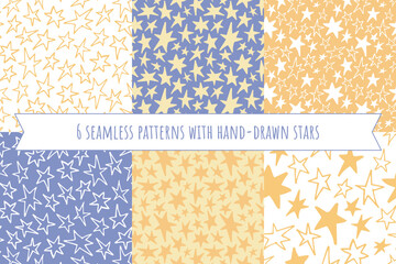 Set of 6 simple dreamy seamless patterns with hand drawn stars. Creative abstract design for kids. Simple wallpaper prints collection.