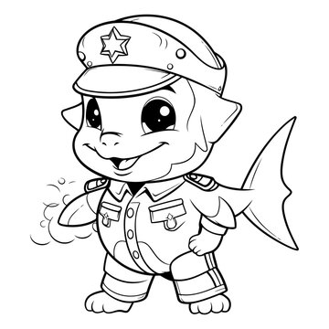 Black and White Cartoon Illustration of Cute Baby Shark Captain Character Coloring Book