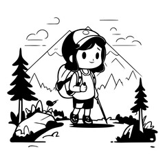 Cute cartoon boy hiking in the mountains with backpack.