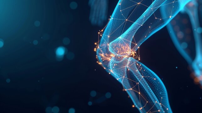 Glowing hologram of human bone joint structure with dark background.
