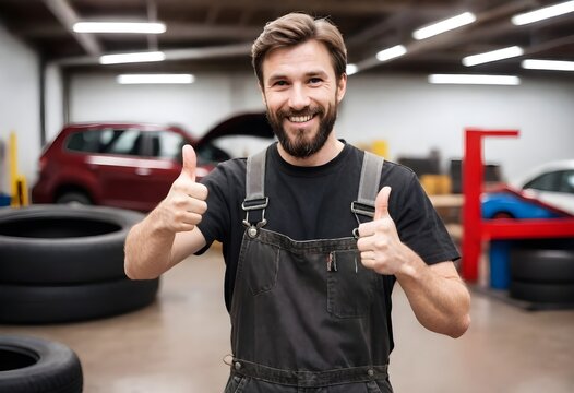 Car mechanic is holding tire in hand and is ready for changing tires.