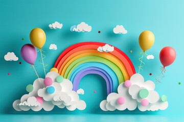 Ethereal Rainbow with clouds balls. Party shape. Generate Ai