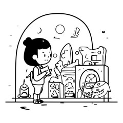 Girl looking at the exhibit in the museum. Vector cartoon illustration.
